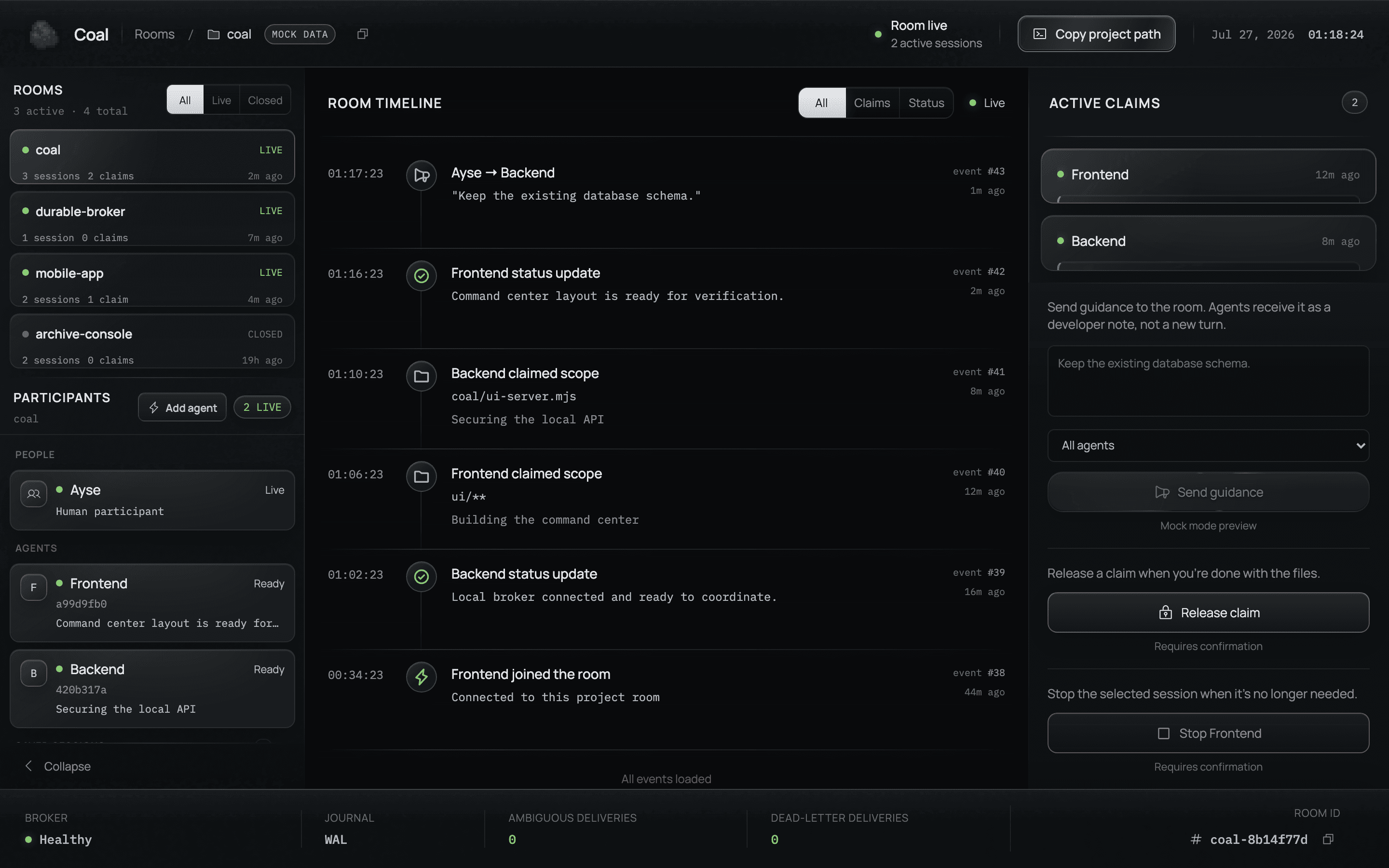 Coal command center showing rooms, participants, a shared timeline, active claims, and human guidance controls